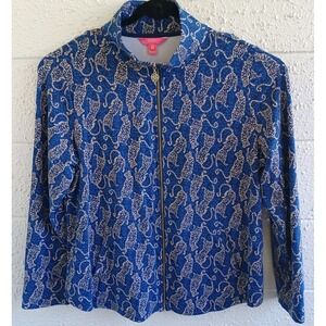 Lilly Pulitzer Womens XXL Cheetah Print Full Zip Jacket  Blue Cream